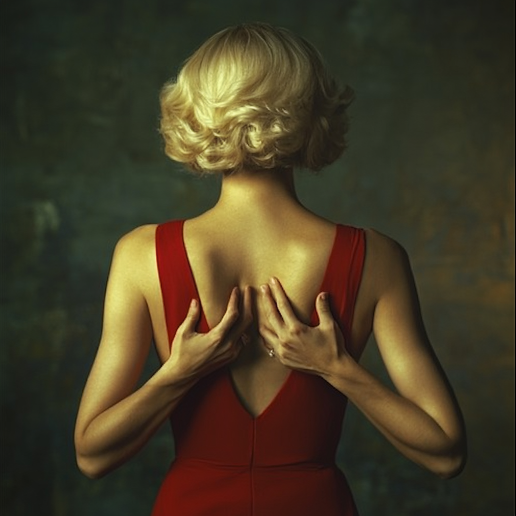 A mysterious blond woman in a red dress.