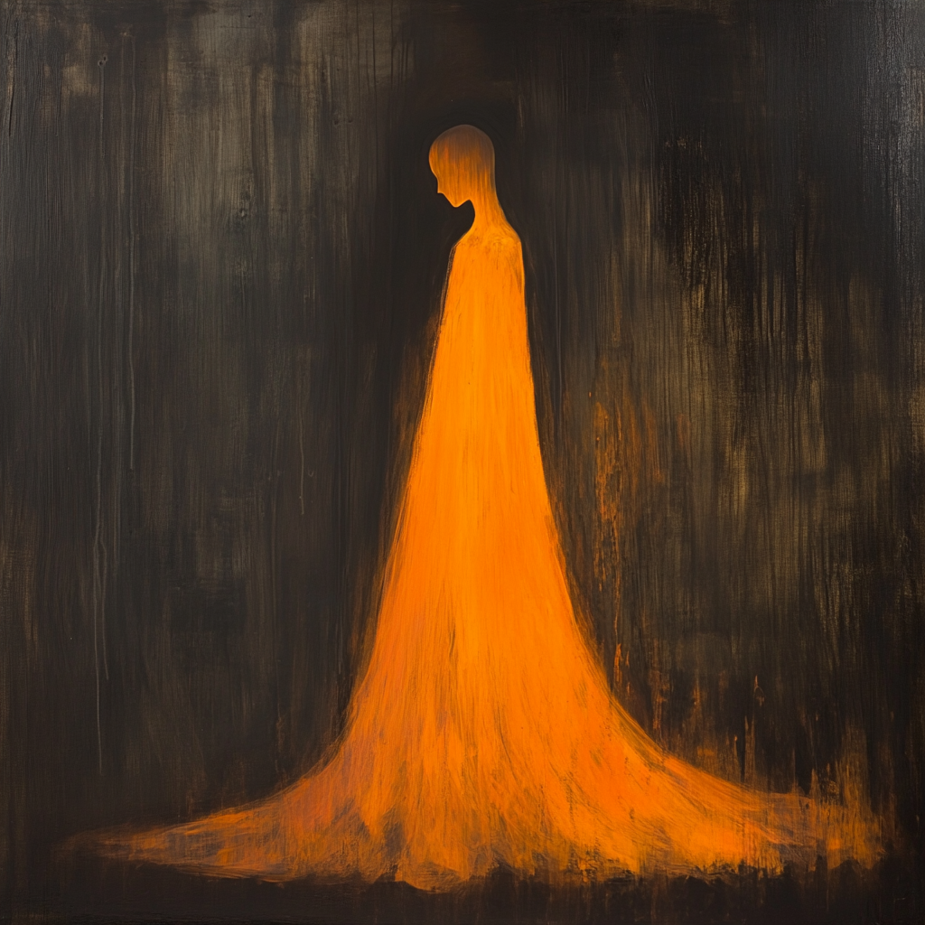 A mysterious figure in glowing orange gown peacefully watches