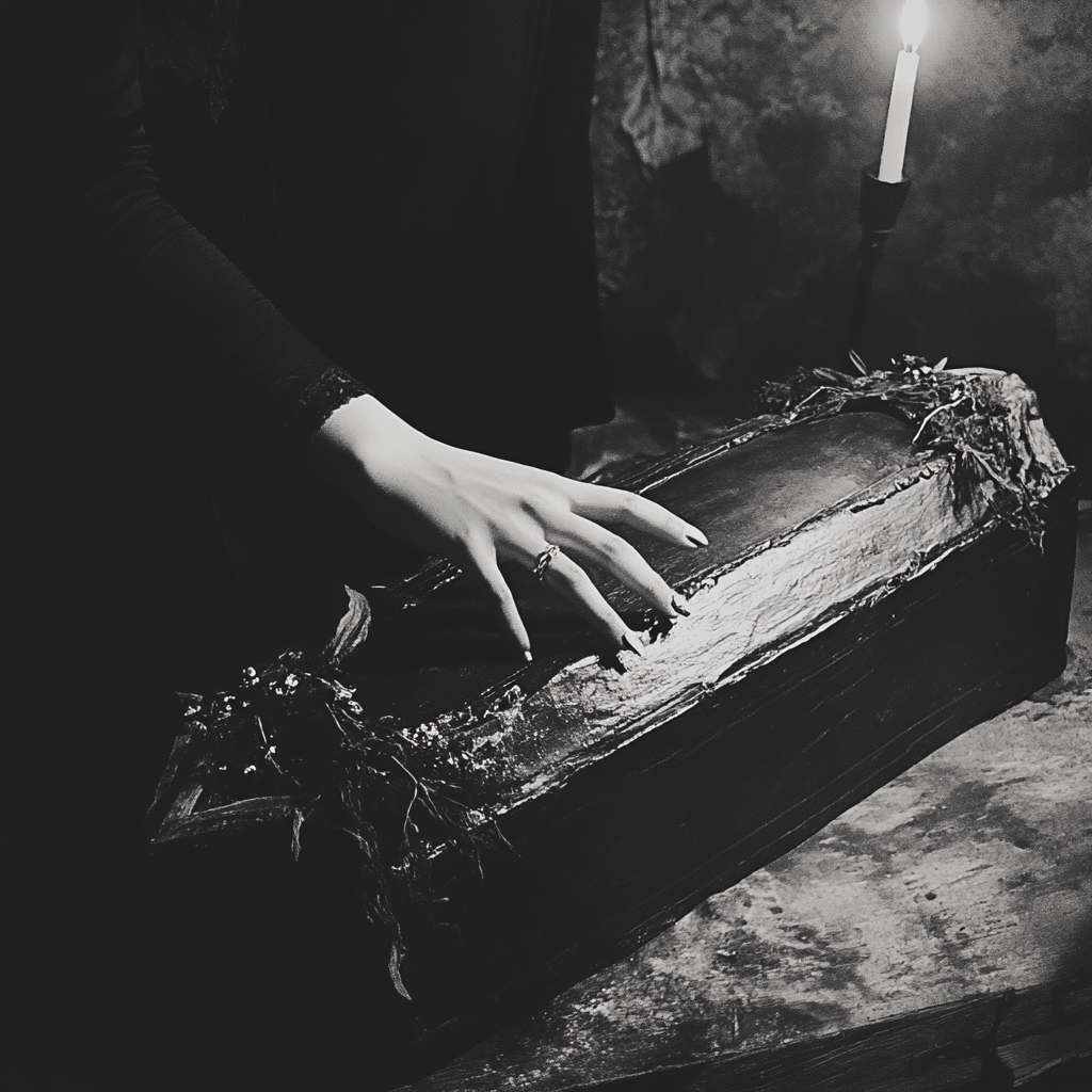 A mysterious hand emerges from vintage coffin.