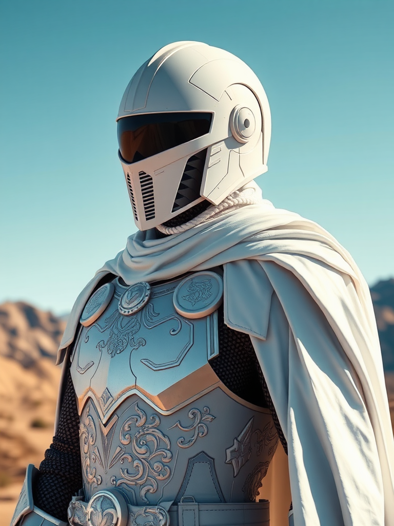 A mysterious knight in white armor under blue sky.