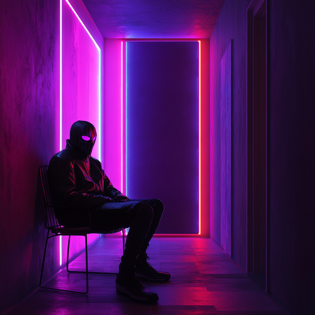 A mysterious man in a room with colorful lights.