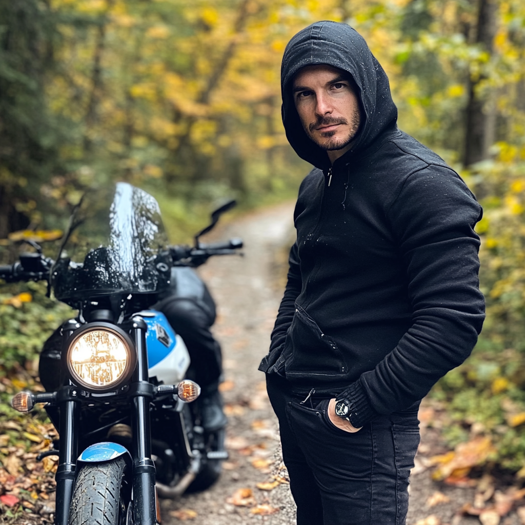 A mysterious man with black outfit and motorcycle