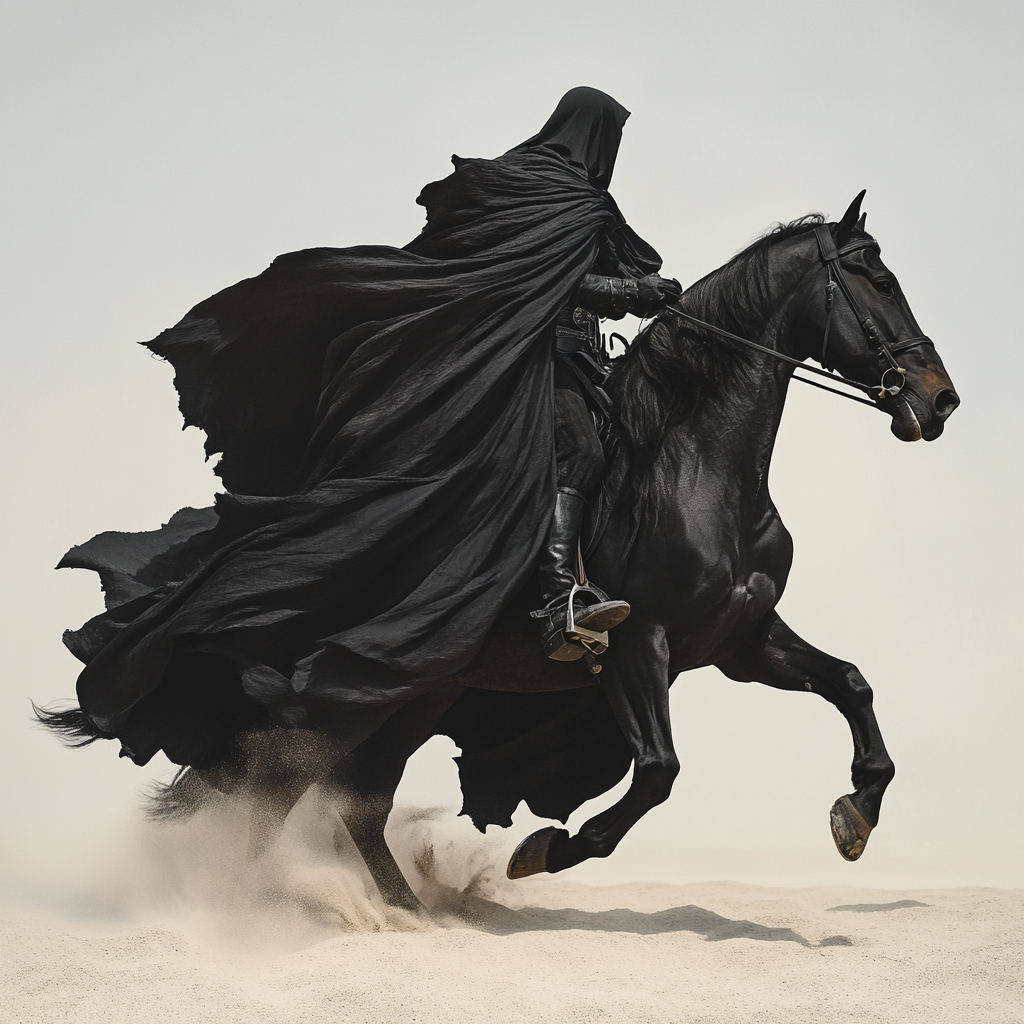 A mysterious rider on black horse galloping forward.