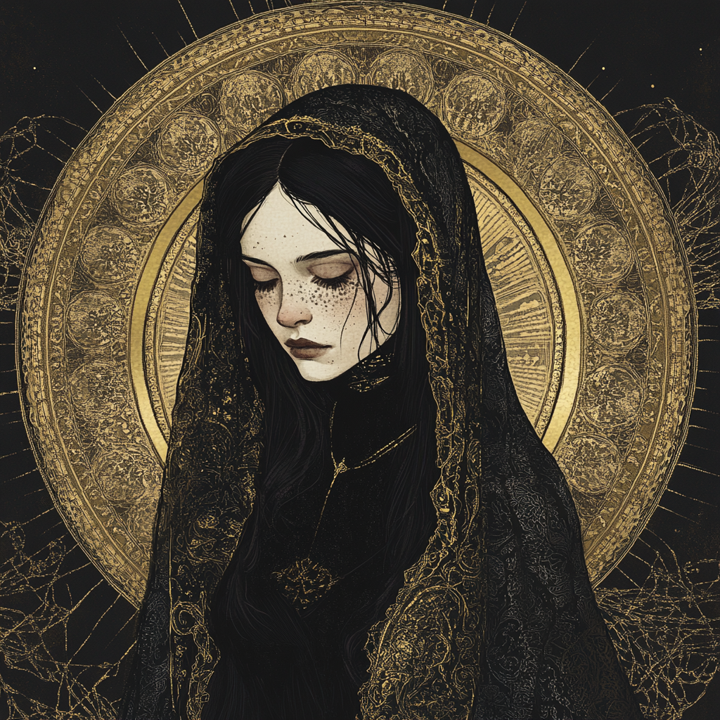 A mysterious woman in Gothic attire reflects solitude.