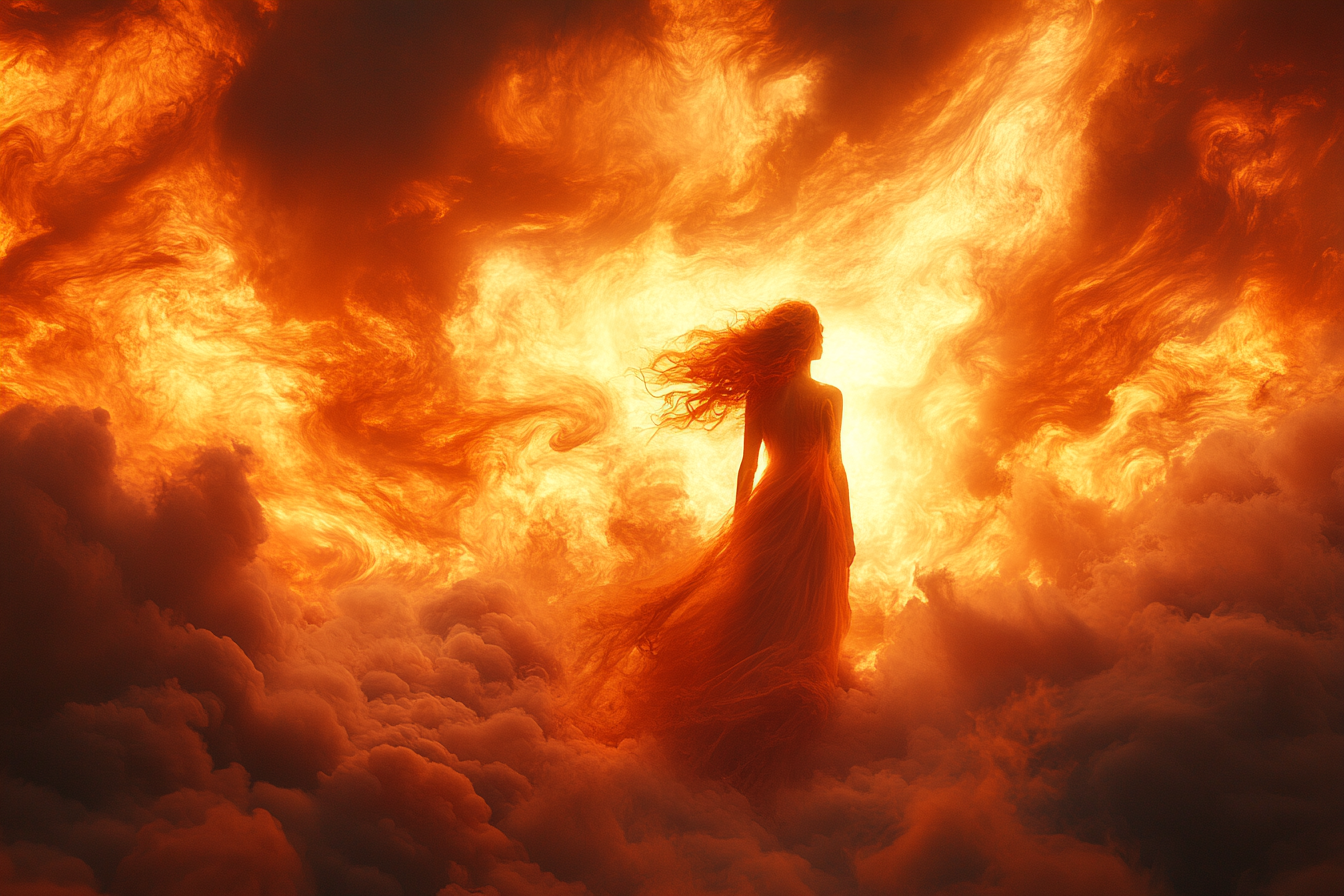 A mysterious woman in heavenly eclipse overlooking landscape