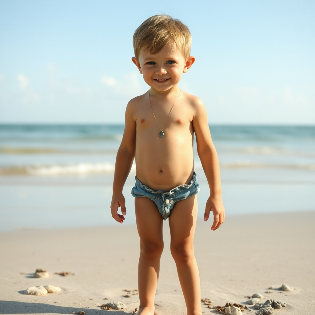 A naked child playing in the sand.