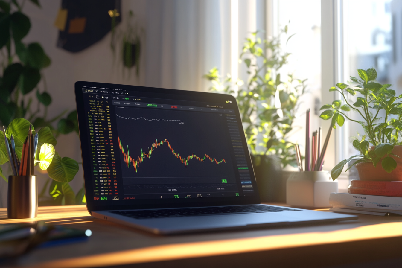 A neat desk with laptop showing investment charts