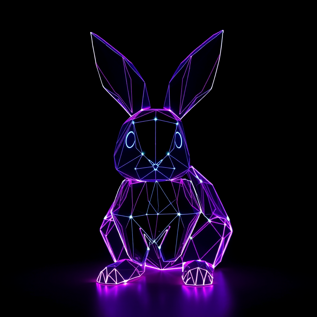 A neon geometric bunny in a dark void.