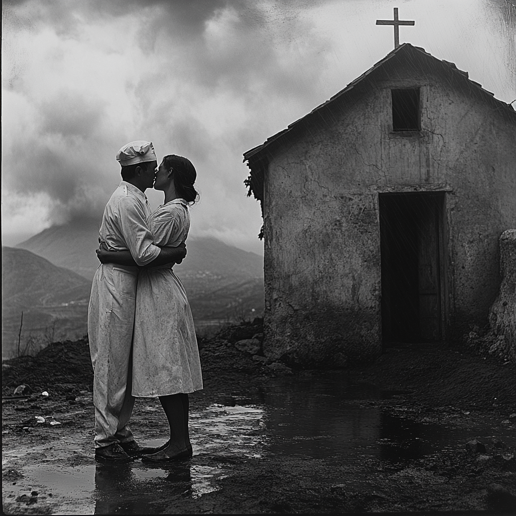 A nurse holding dying man in front chapel