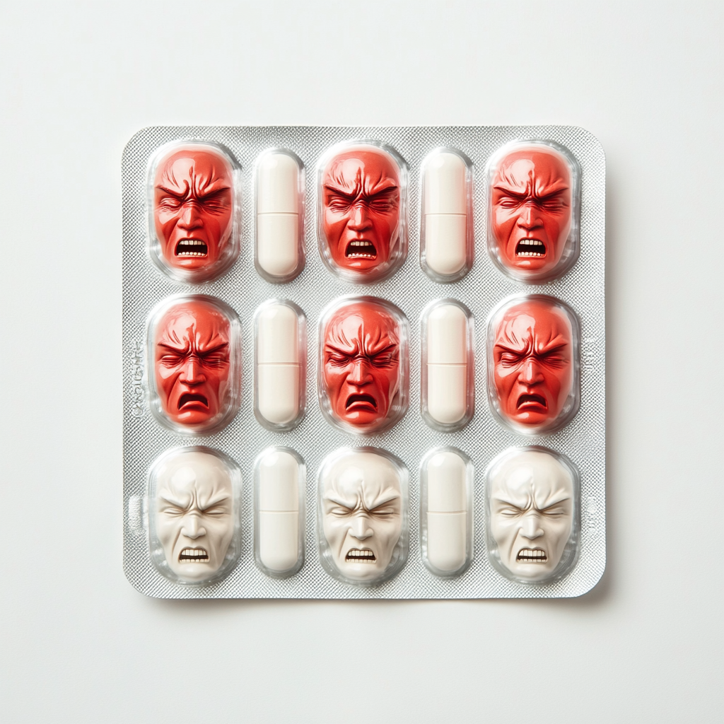 A pack of pills with human faces showing emotions.