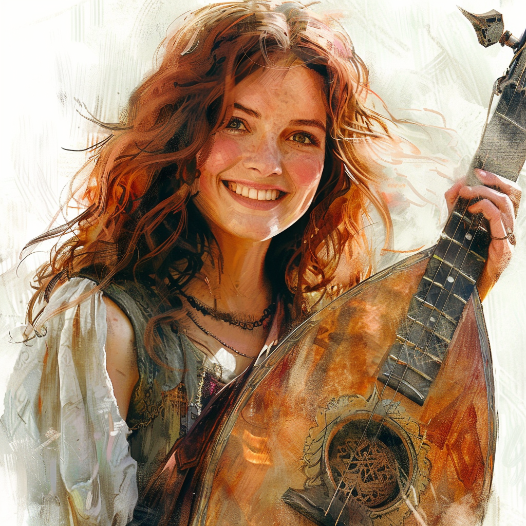 A painting of a smiling half-elf with lute