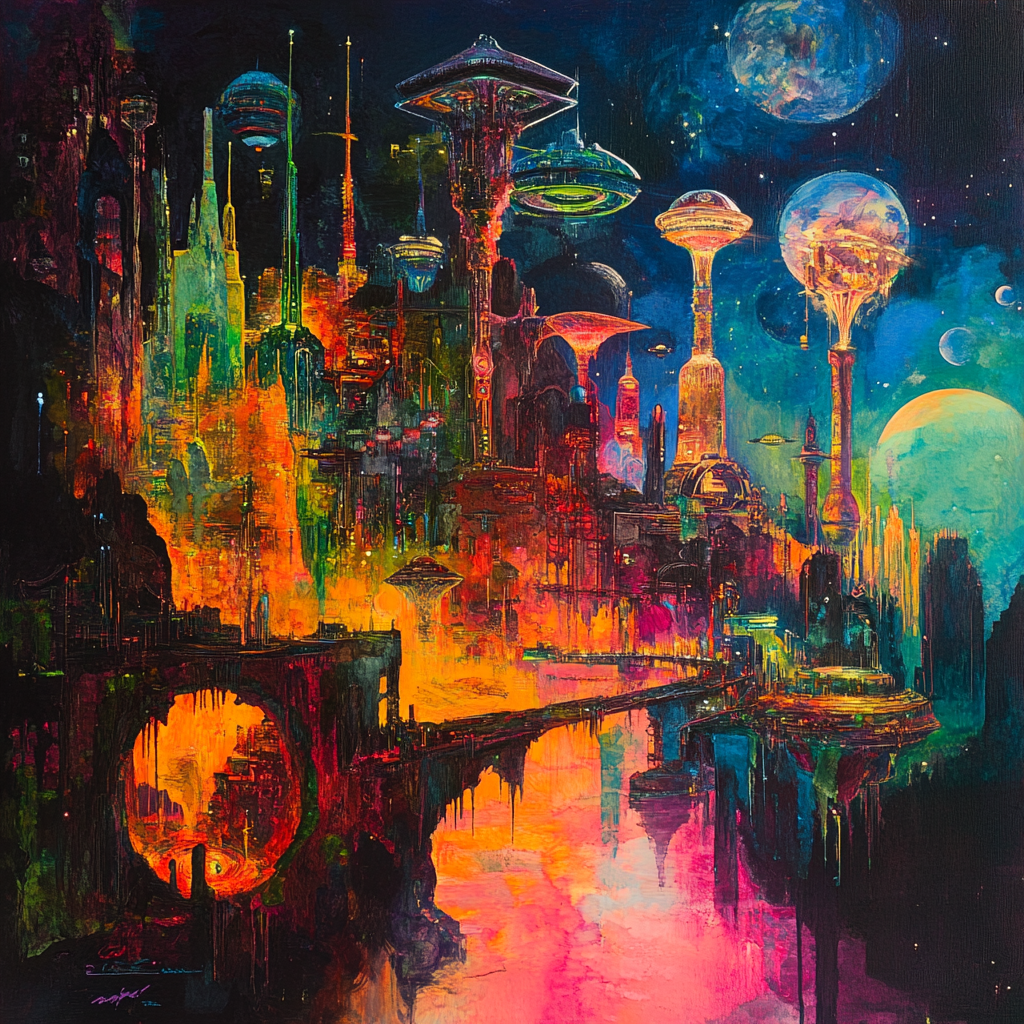 A painting of colorful, futuristic city by inter-dimensional beings.