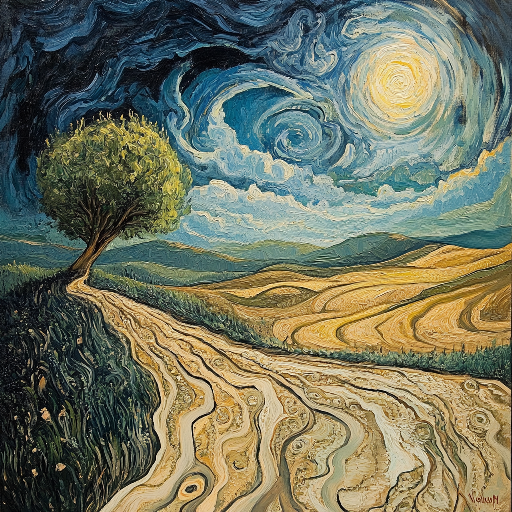 A painting of lush land in Van Gogh style