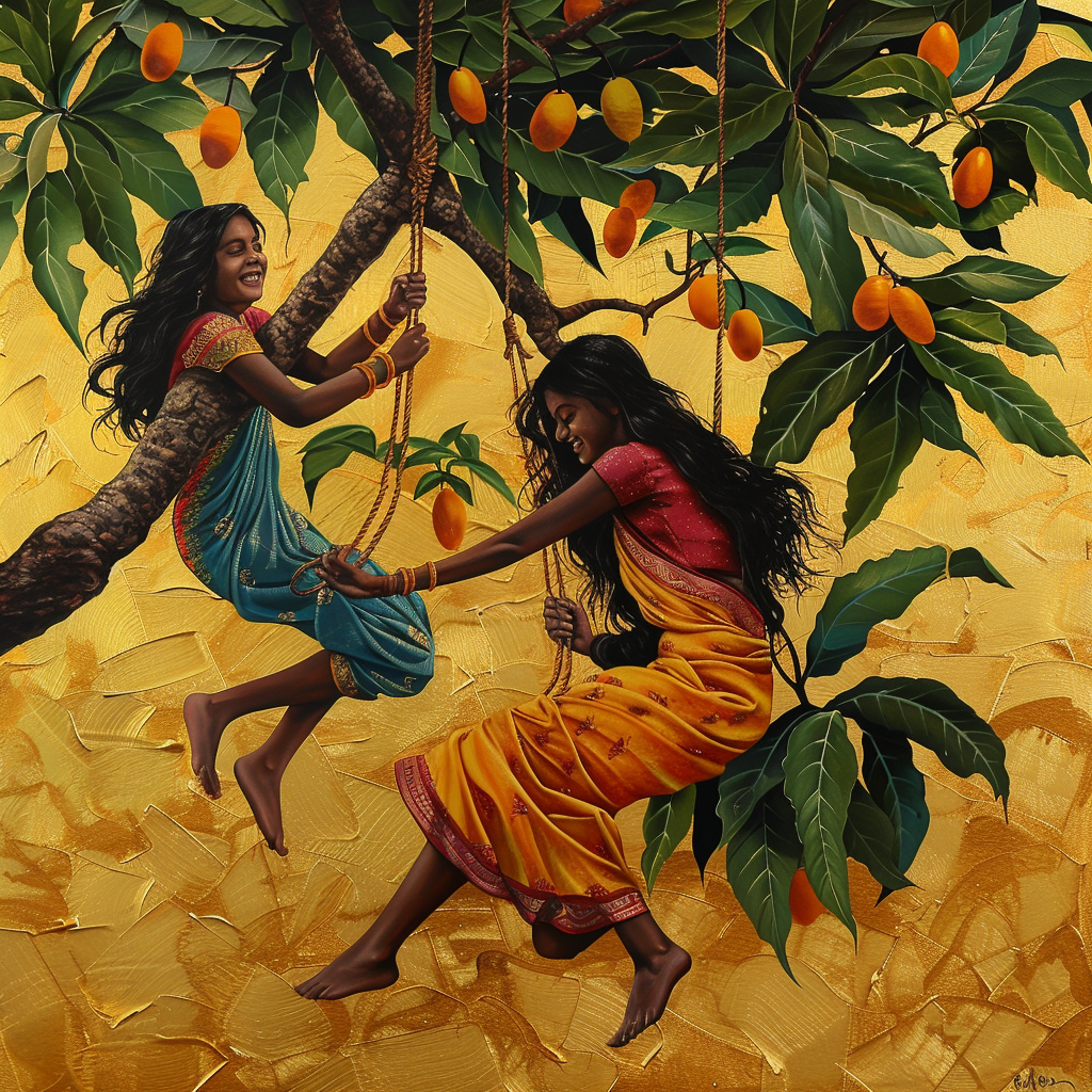 A painting of two giggling Indian girls swinging