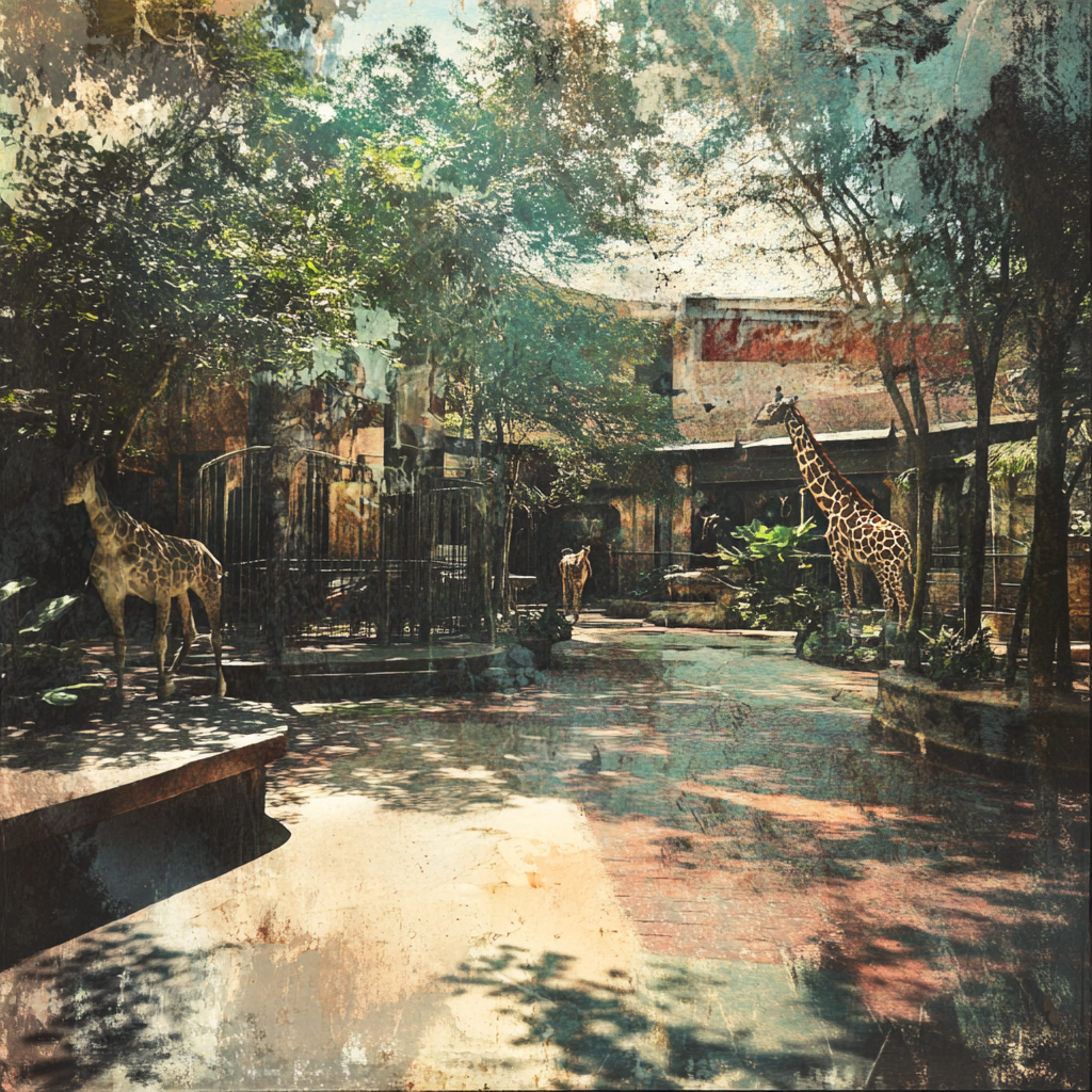 A painting of zoo with no animals or people.