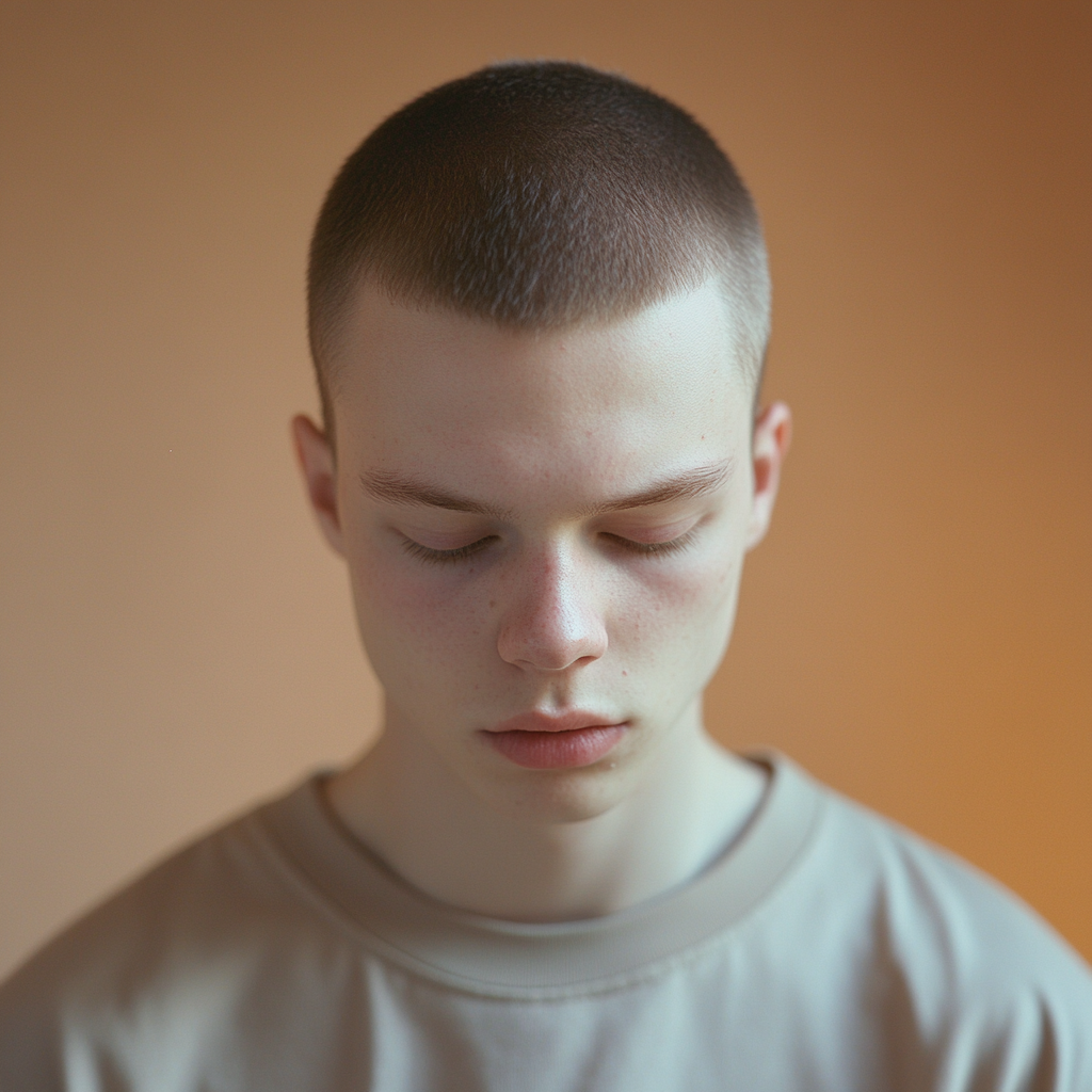 A pale young man in a t-shirt