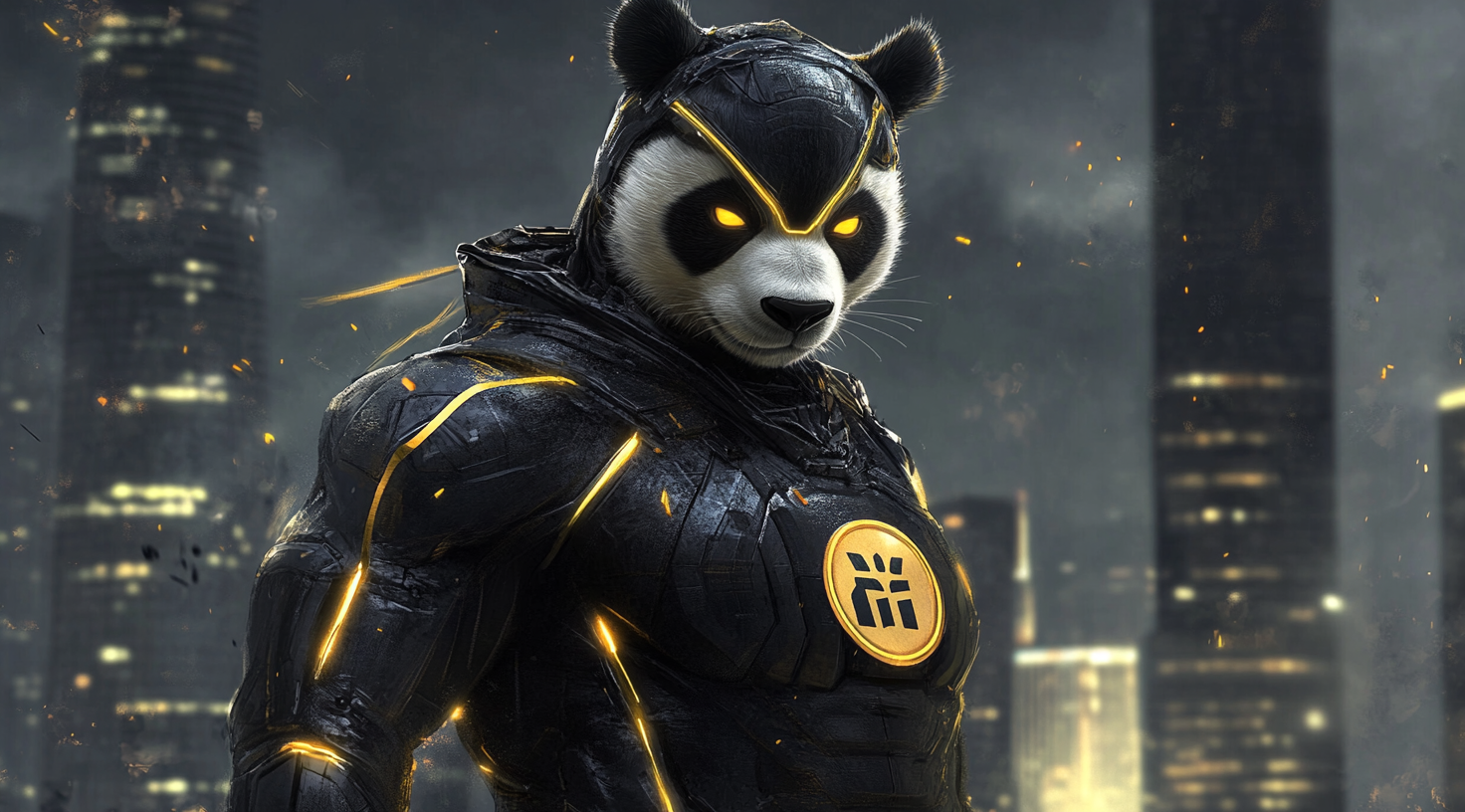 A panda superhero in black and gold costume