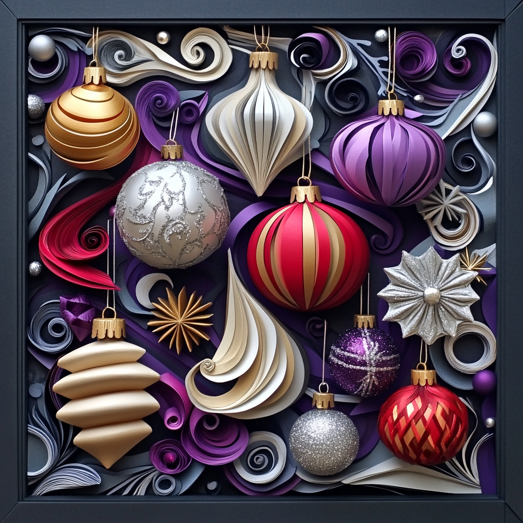 A paper diorama with silver, purple, red, gold