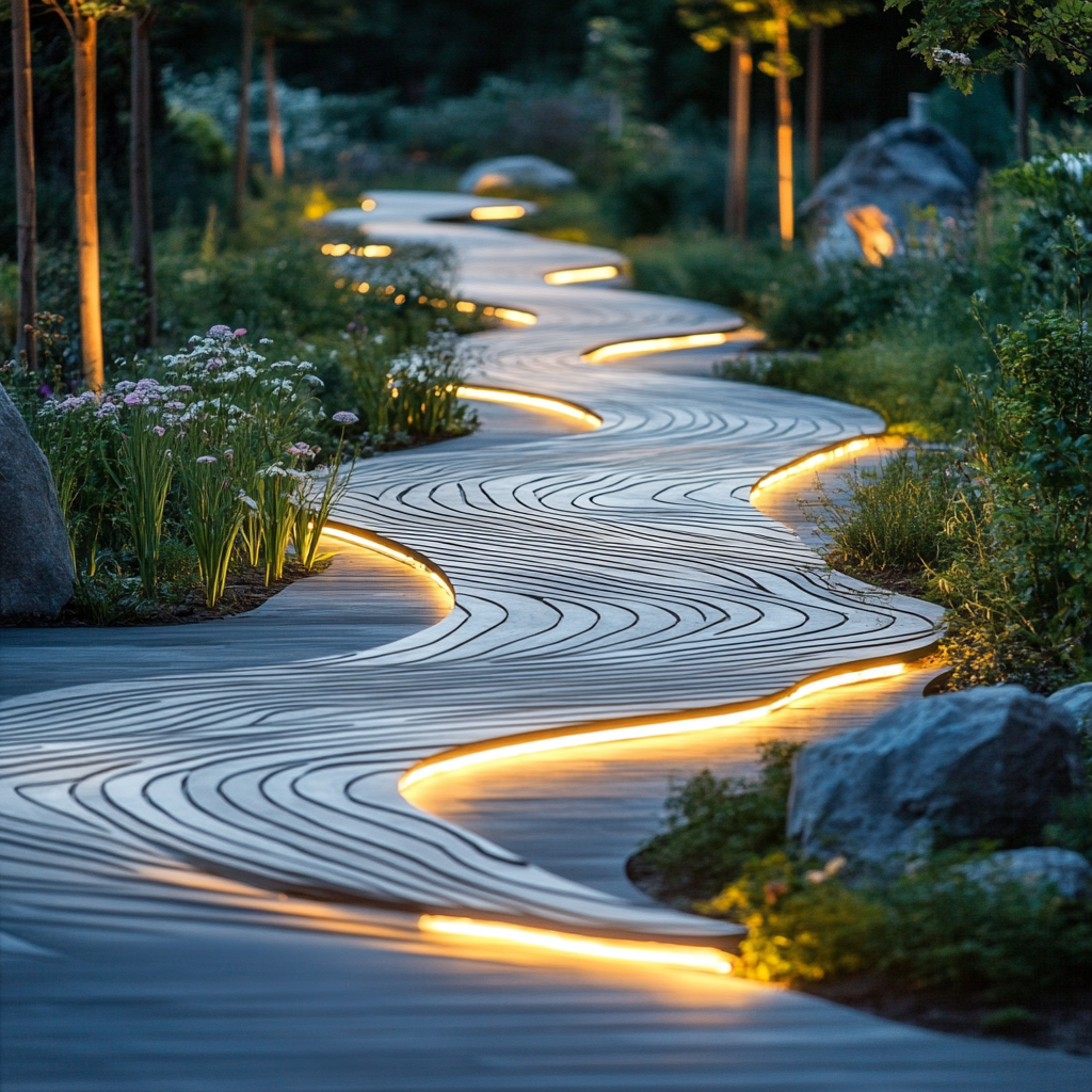 A pathway with wavy garden plants and lights