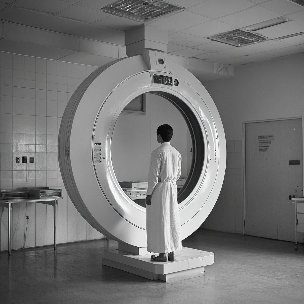 A patient standing in hospital room for X-ray.