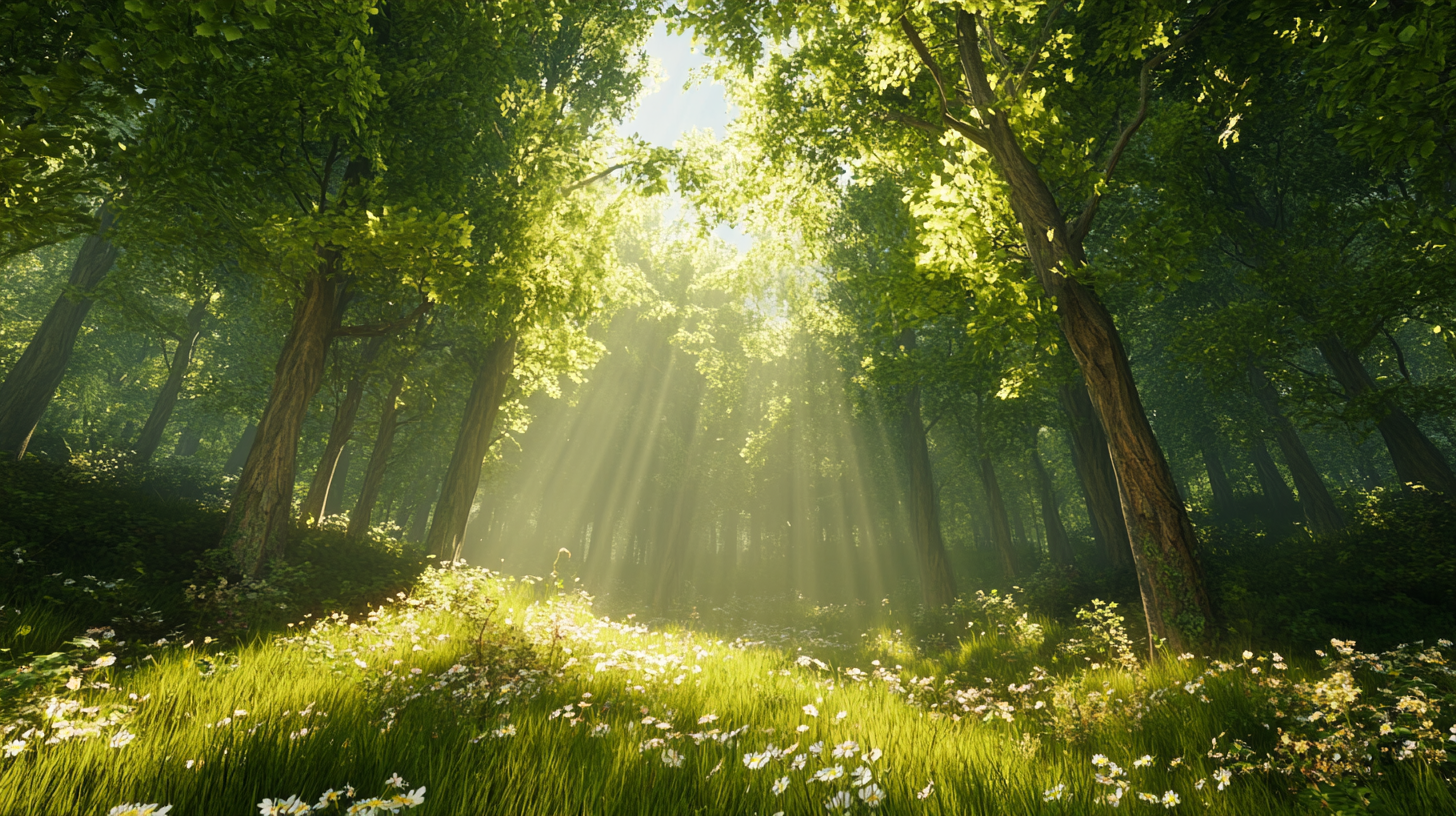 A peaceful, sunlit forest filled with life