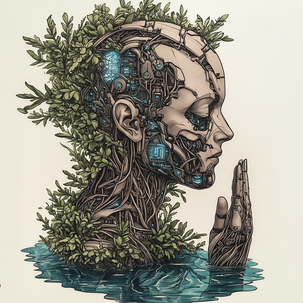 A peaceful cyborg meditating among nature and technology