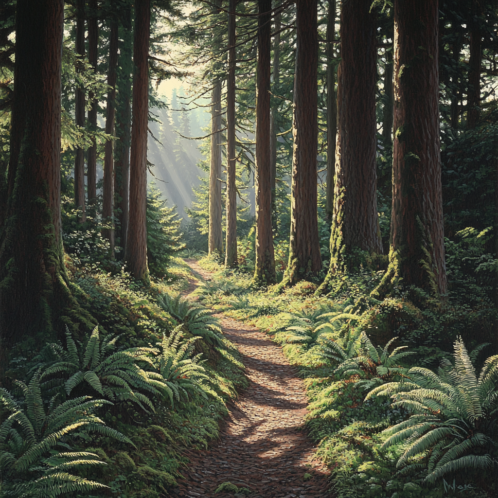 A peaceful forest path with sunlight and ferns.