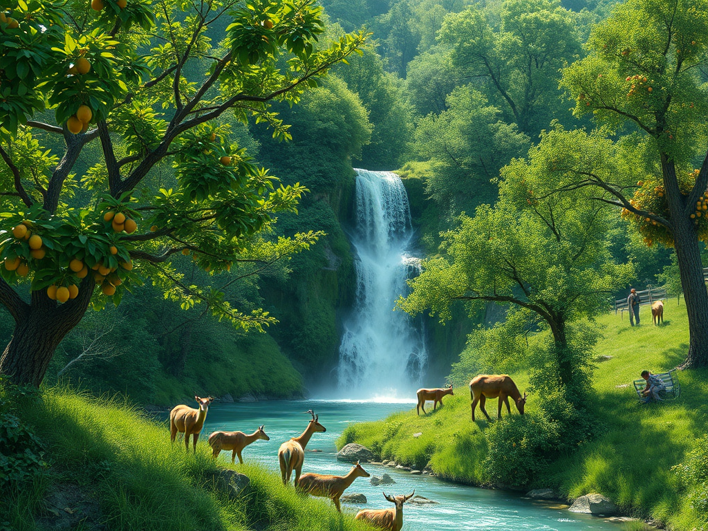 A peaceful green land with fruit trees, waterfalls, animals.