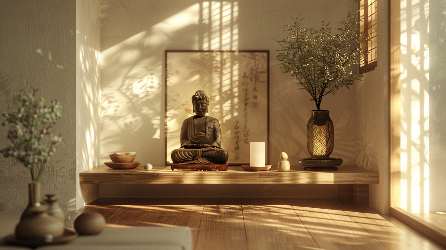 A peaceful home altar with warm lighting.