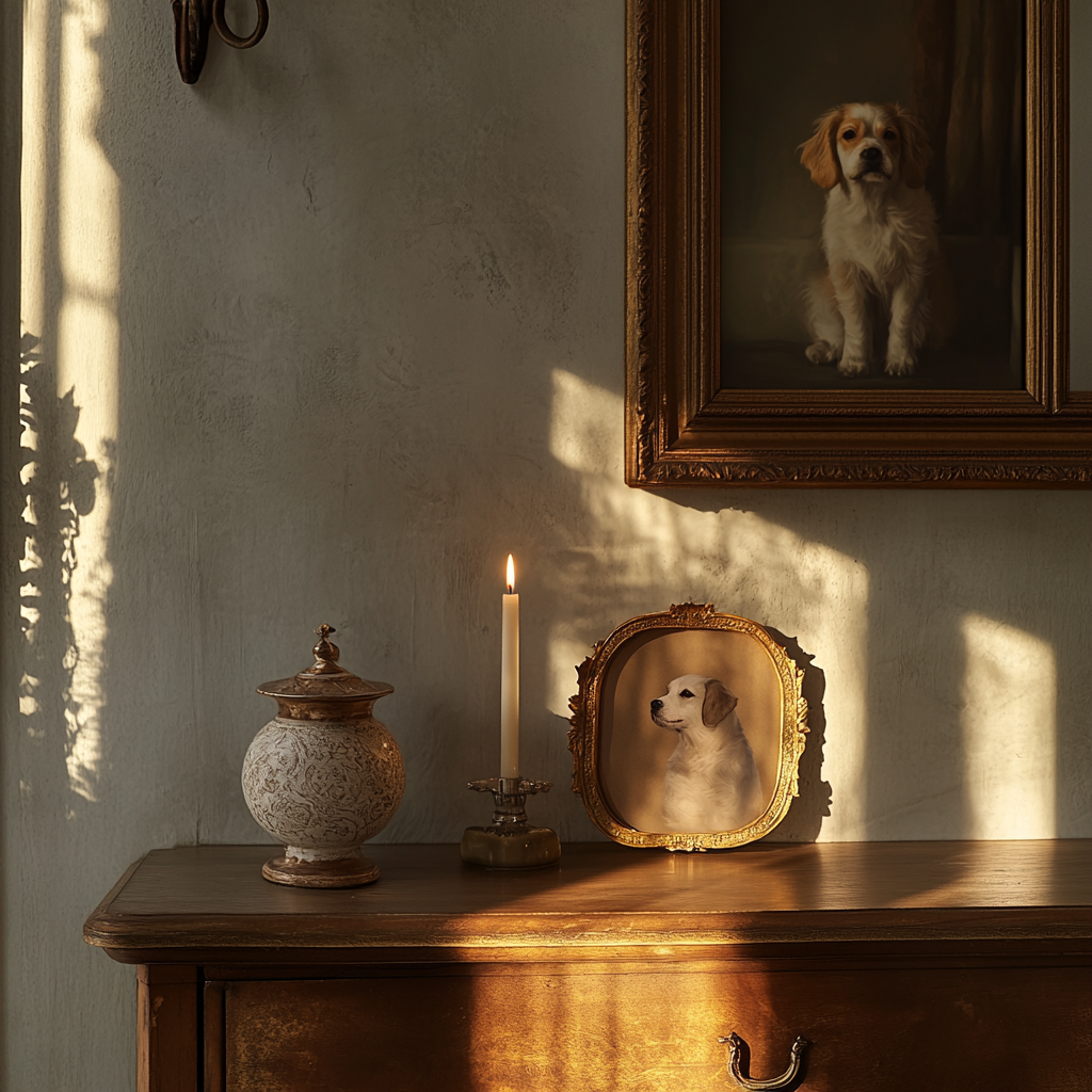 A peaceful pet altar with framed picture