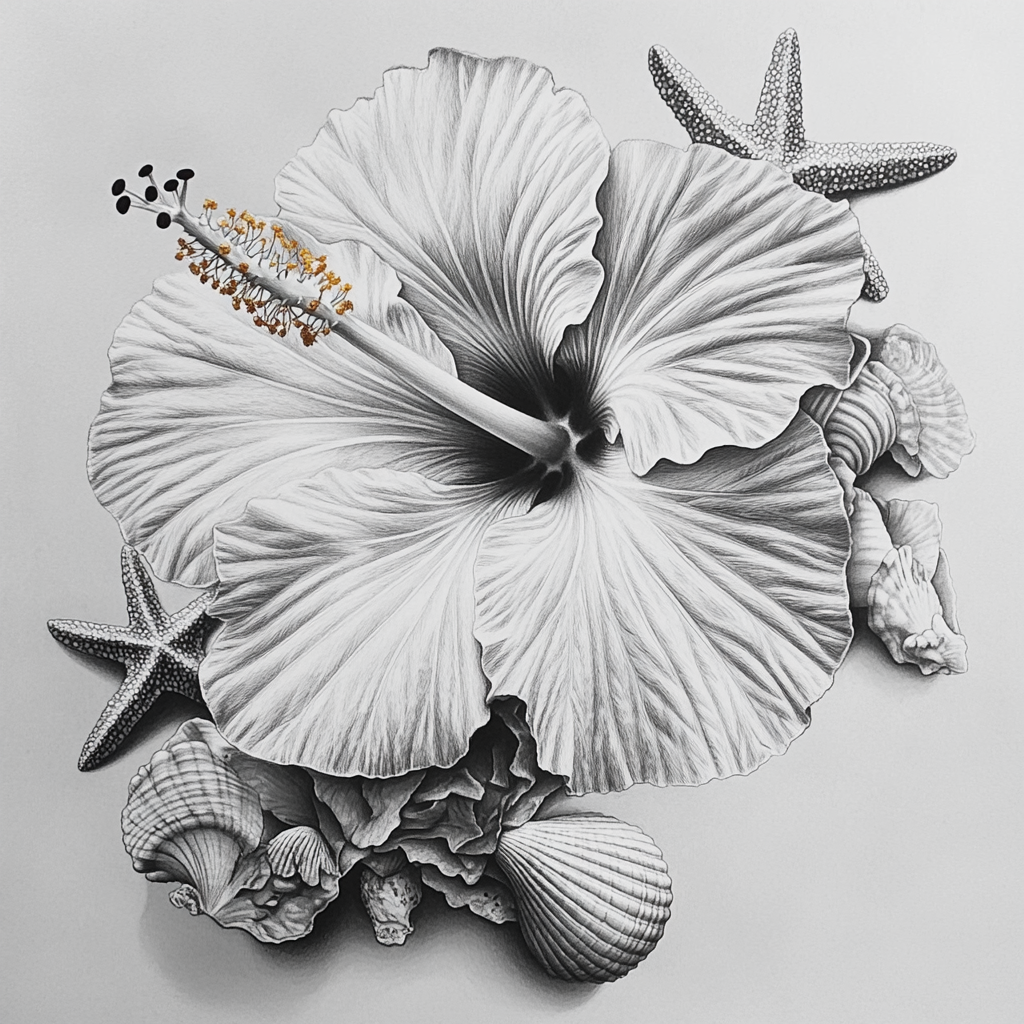 A pencil drawing of hibicus flower with sea creatures