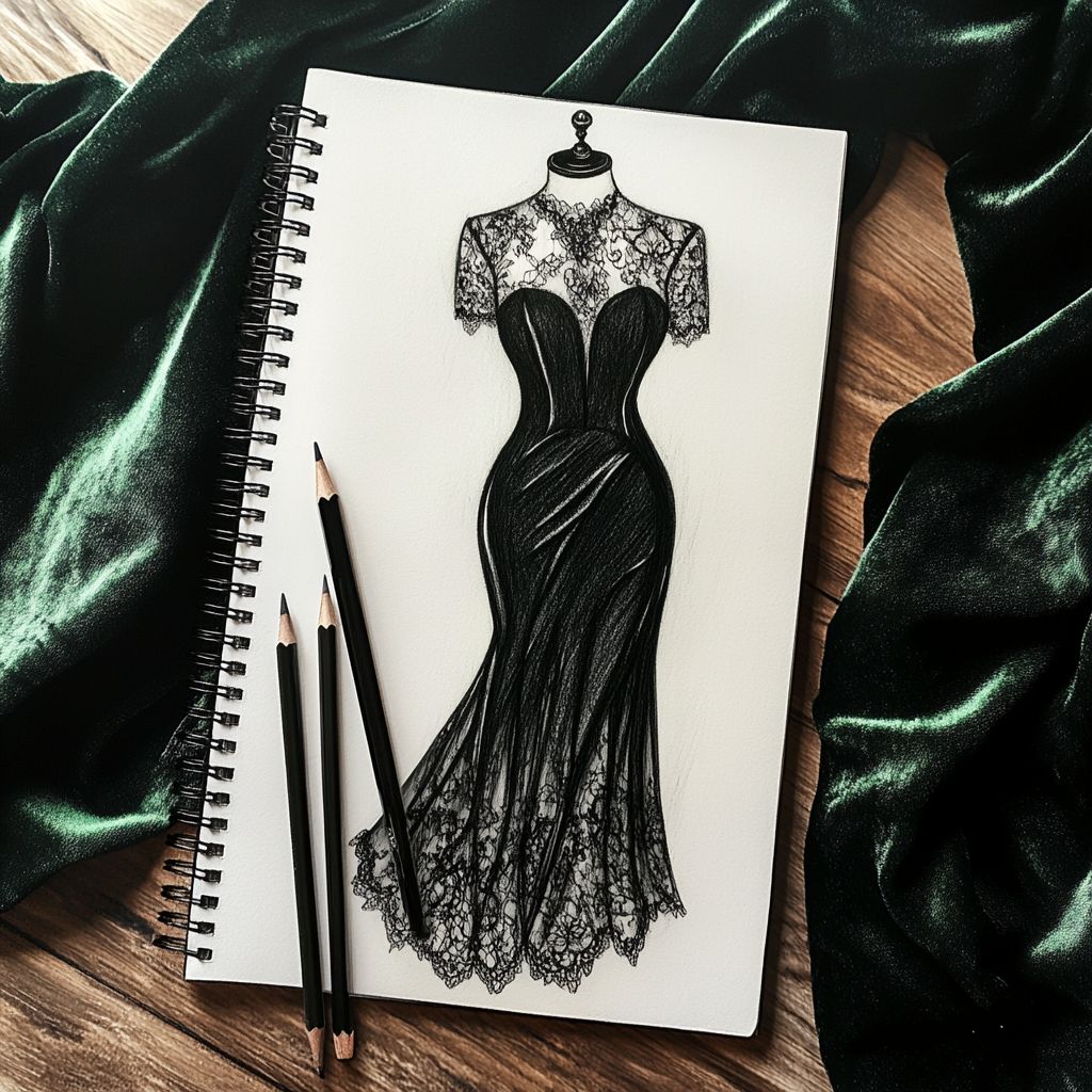 A pencil sketch of an elegant black dress