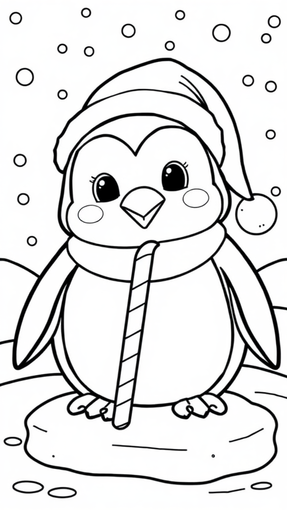 A penguin in a Santa hat with candy cane.