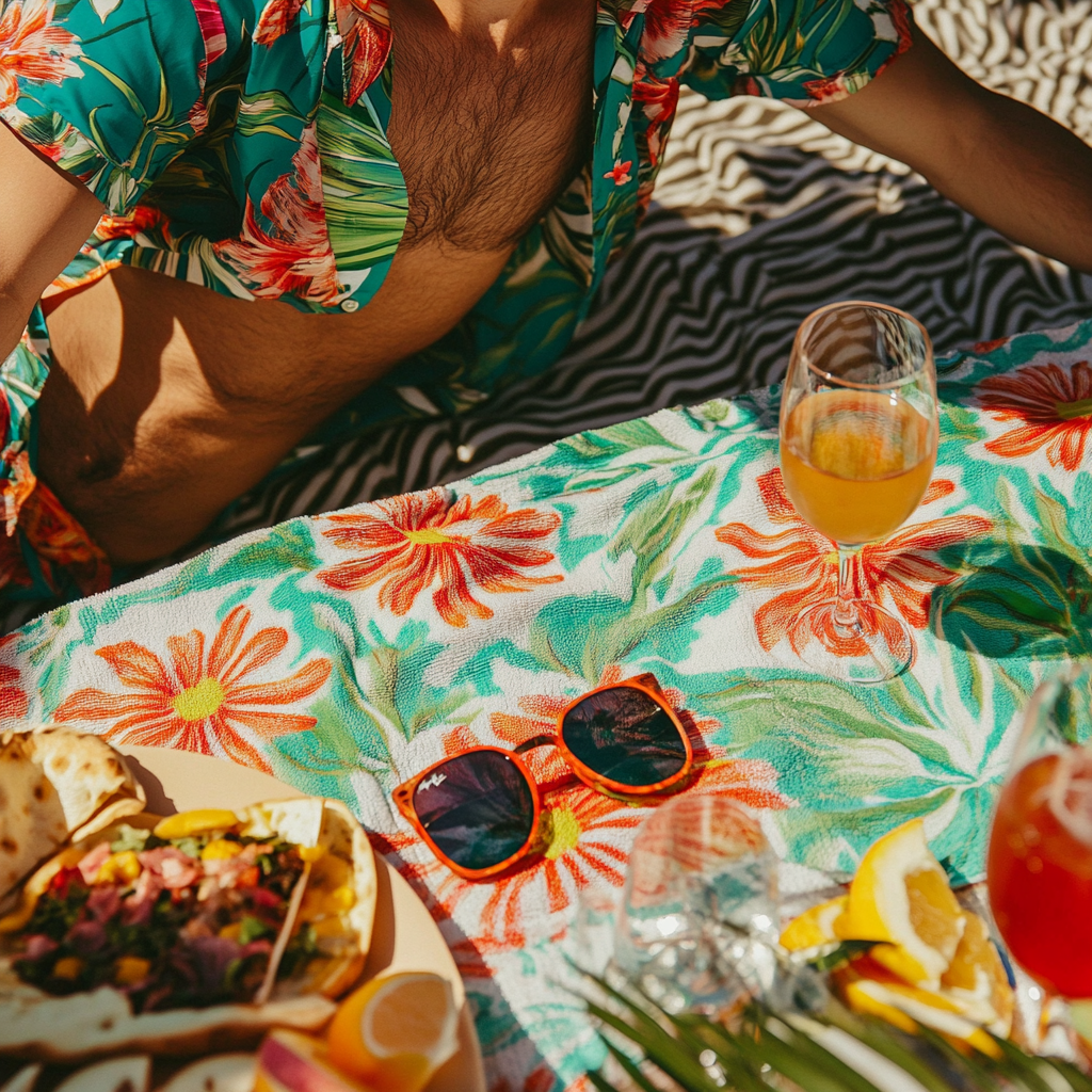 A person in Hawaiian shirt sets sunglasses, towel.