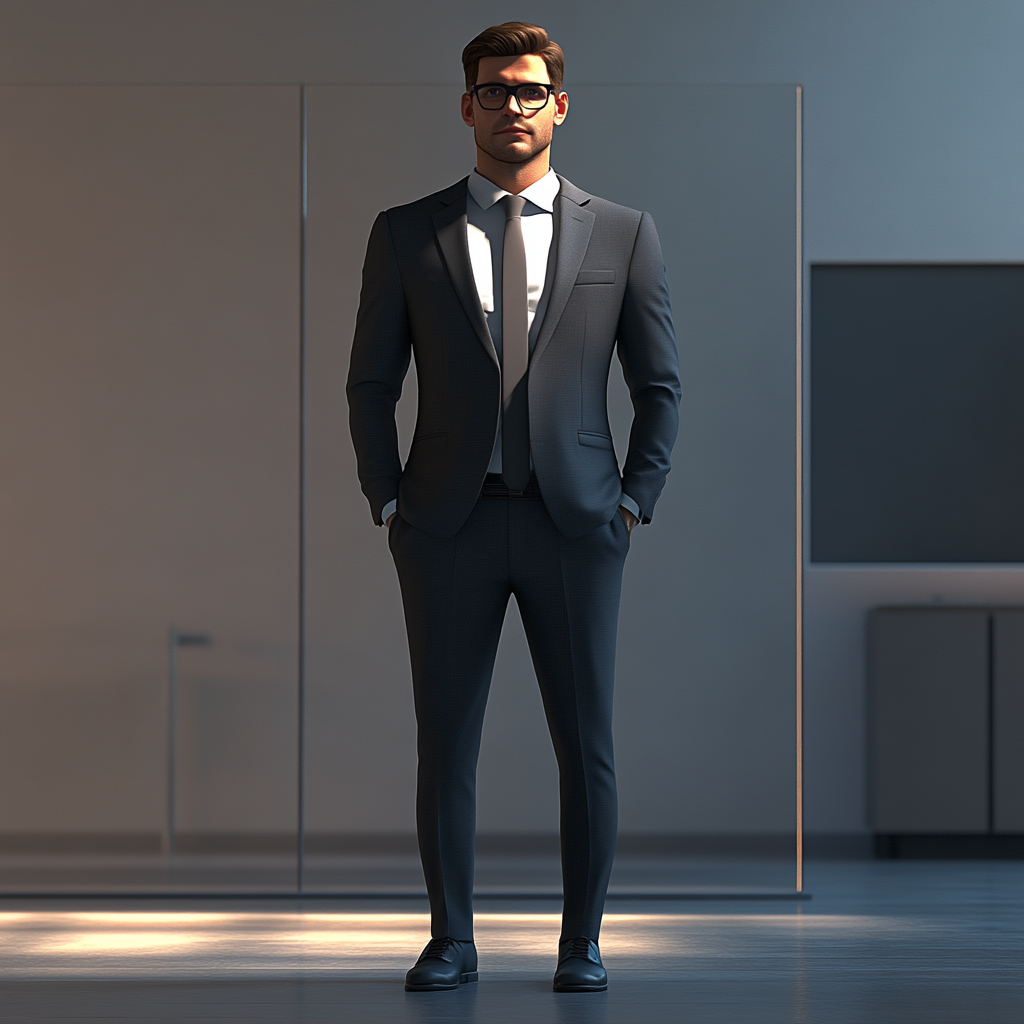 A person in business suit appears calm in office.