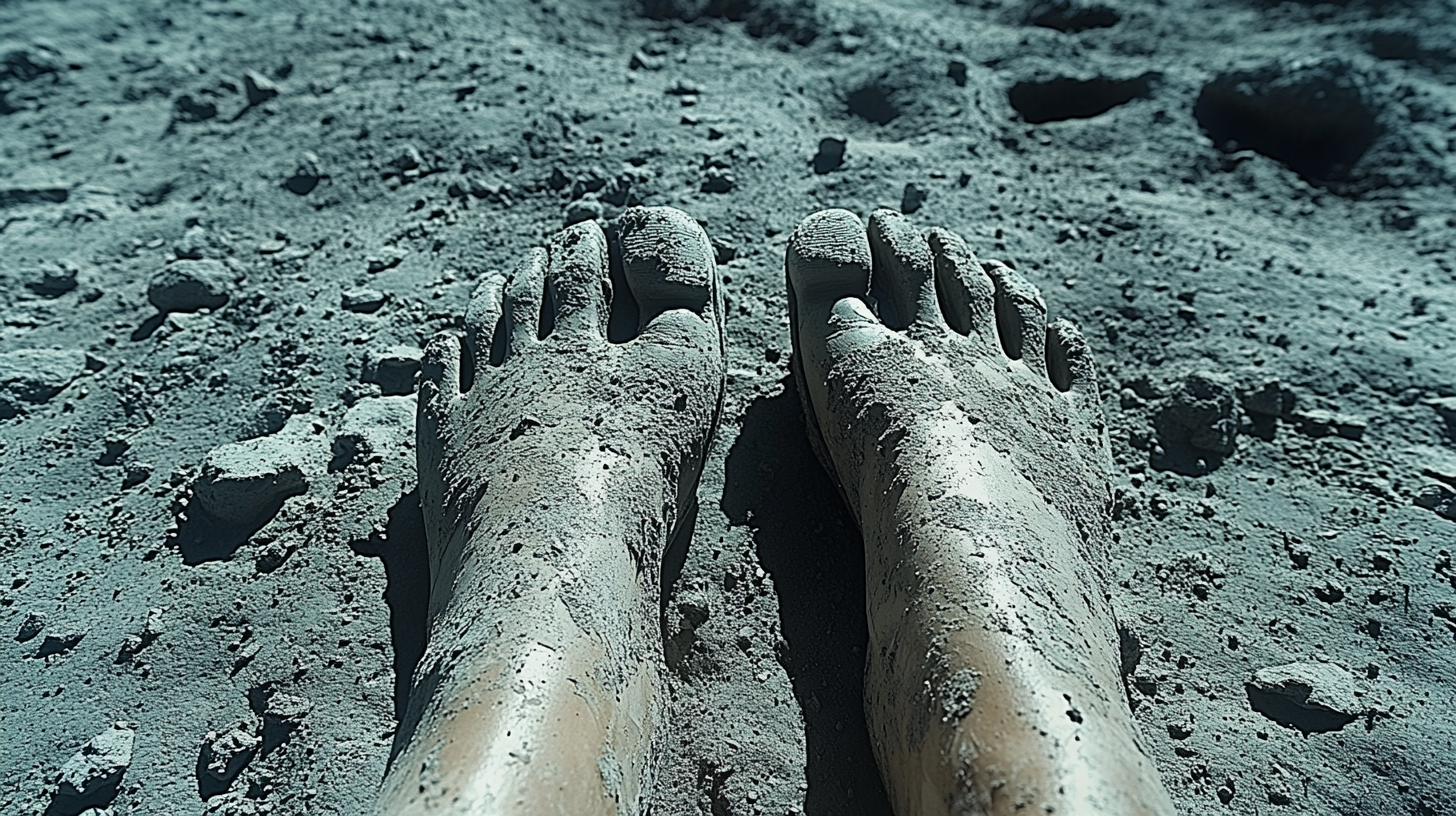 A person in flip-flops stands on the moon