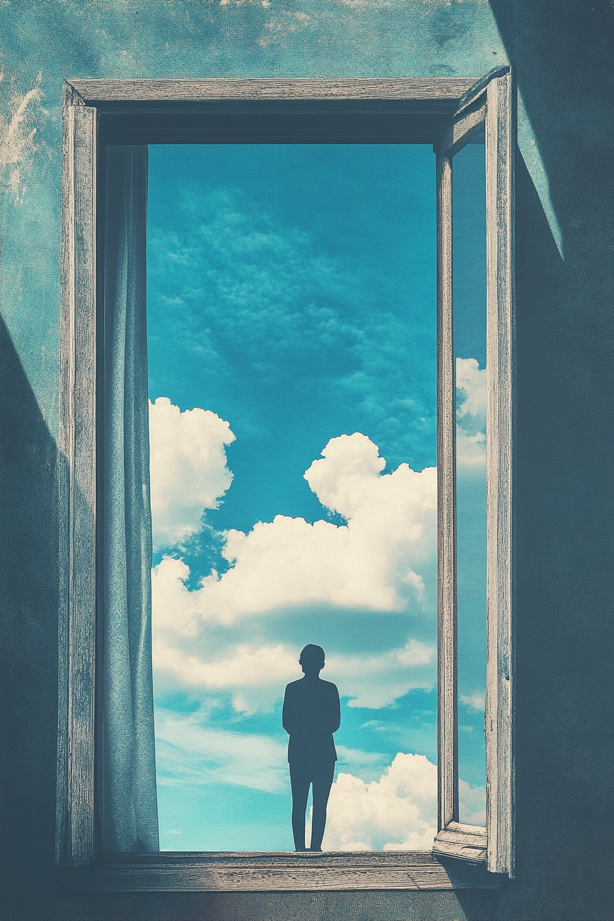 A person in vintage window among blue sky