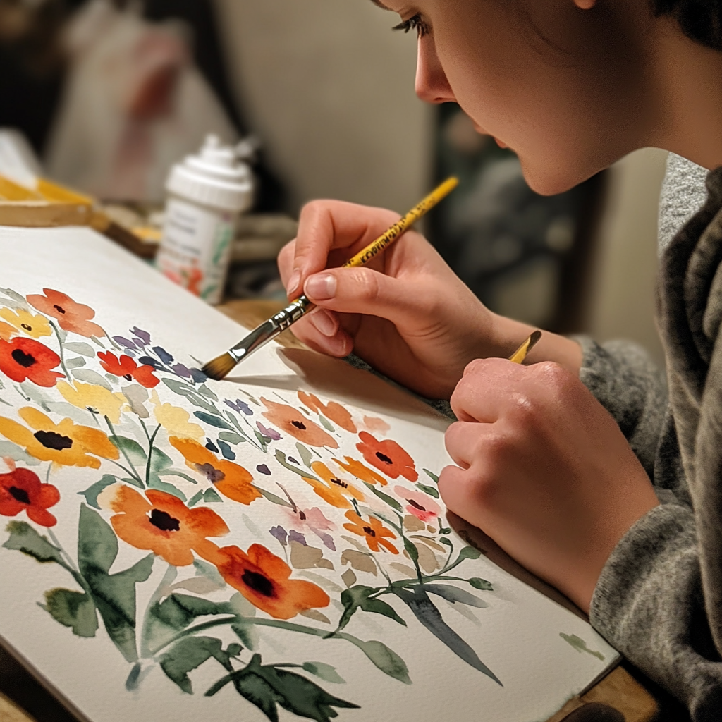 A person painting a floral watercolor on desk.