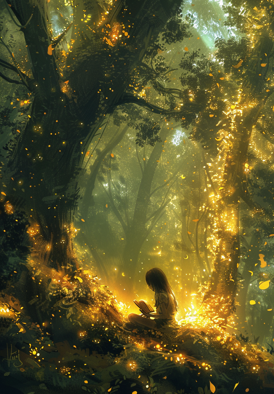 A person reading a book in deep forest