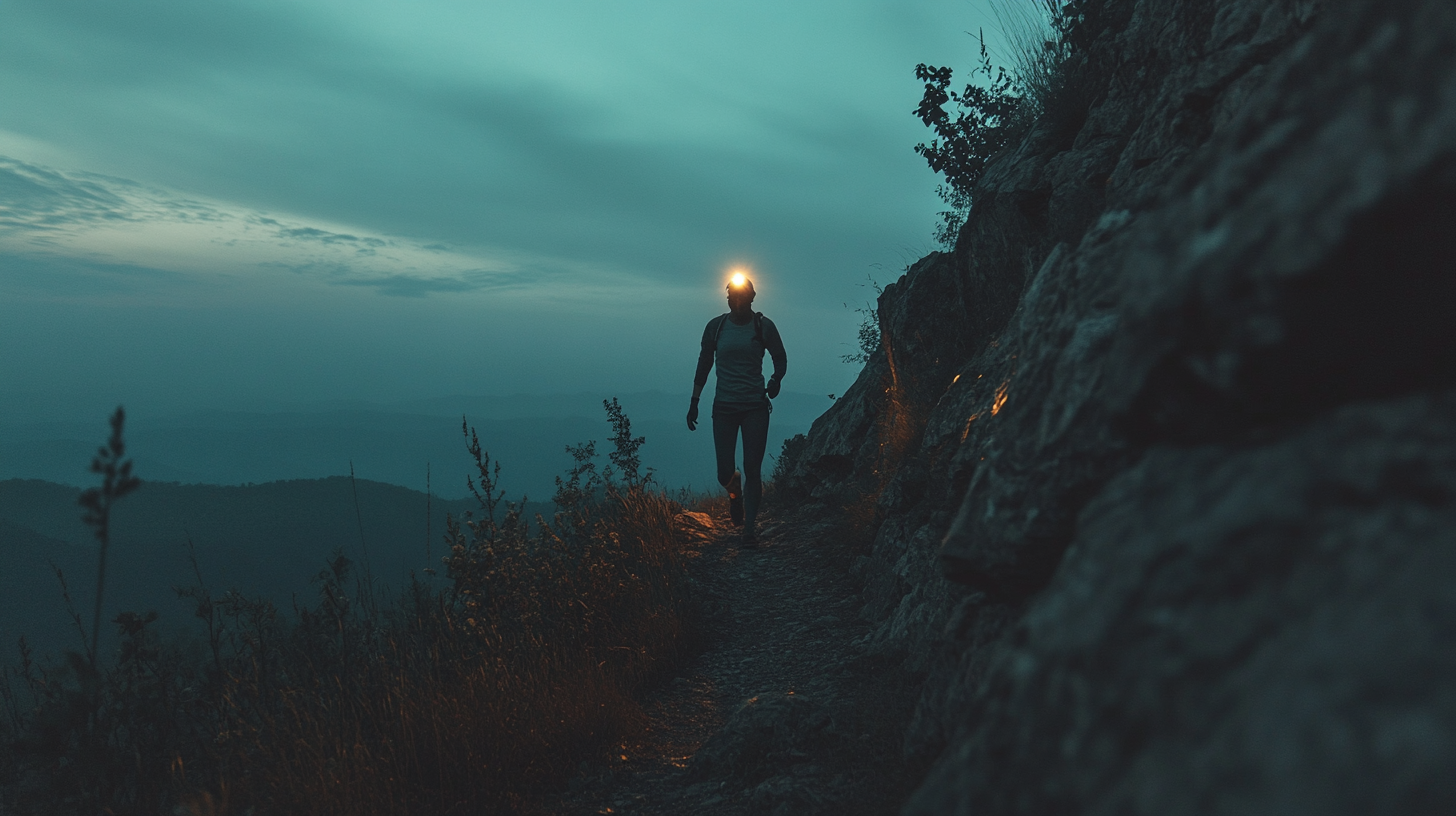 A person running on mountain at night with headlamp