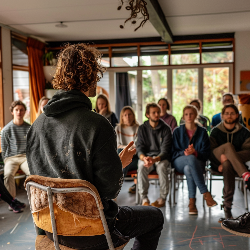 A person speaking to a group in Netherlands