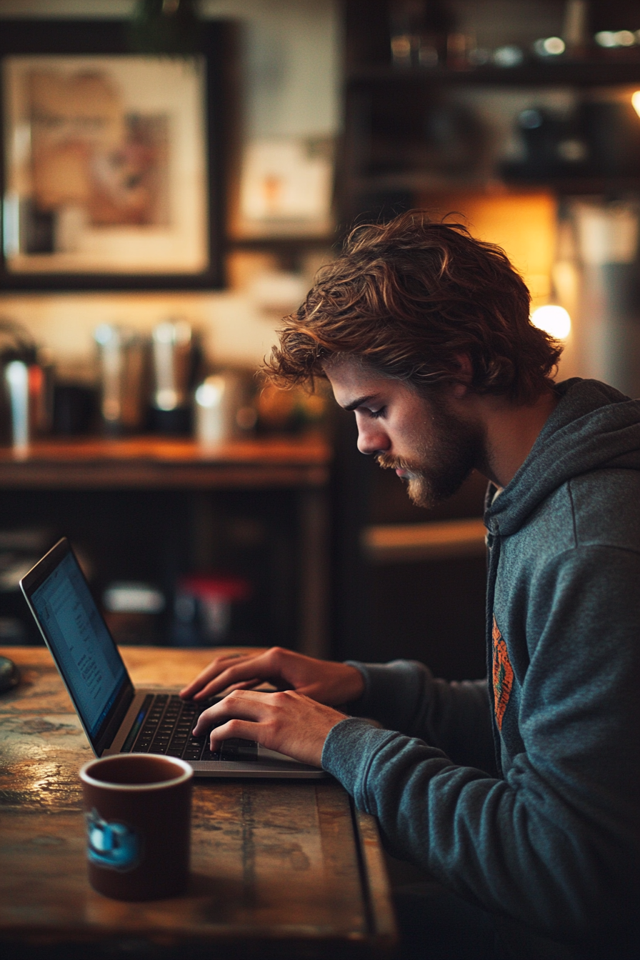 A person typing on laptop at home.