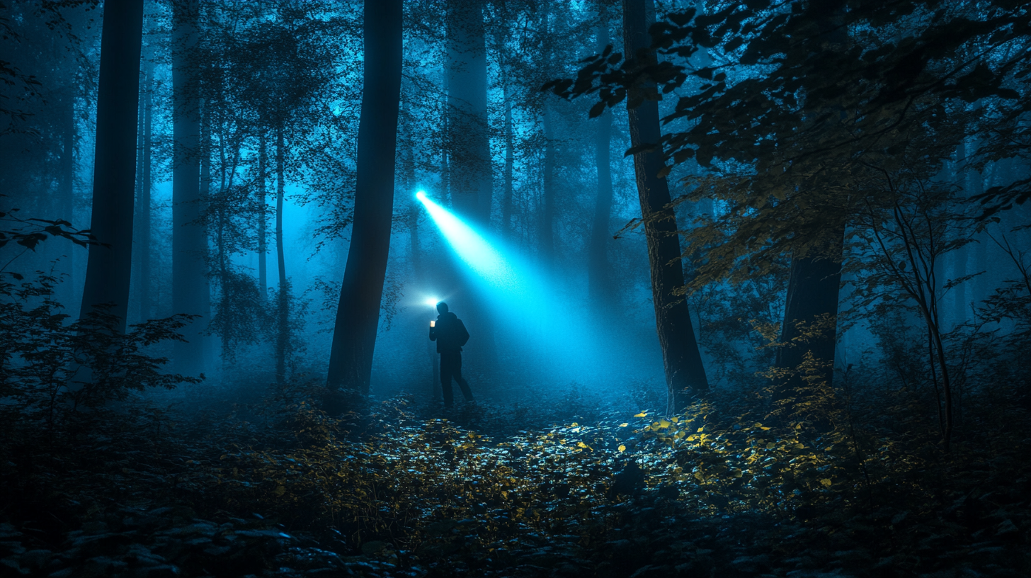 A person using a flashlight in a forest