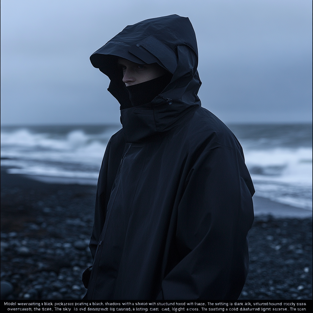 A person wearing a big black coat on beach