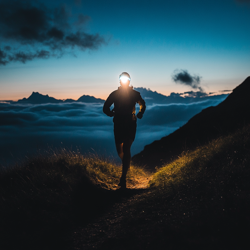 A person with a headlamp runs on mountain