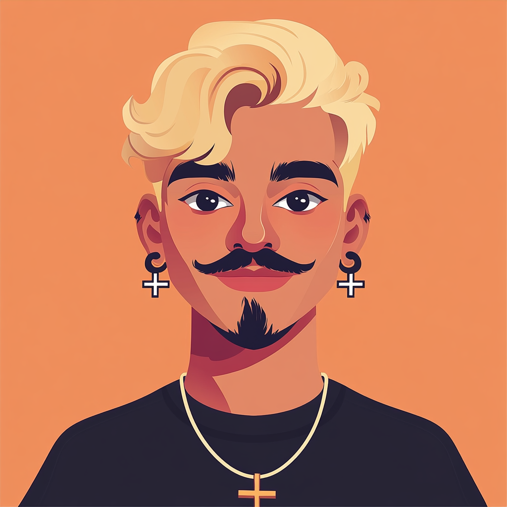 A person with blonde hair, mustache, cross earrings