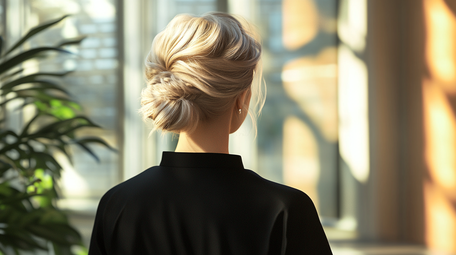 A person with light hair in a black shirt