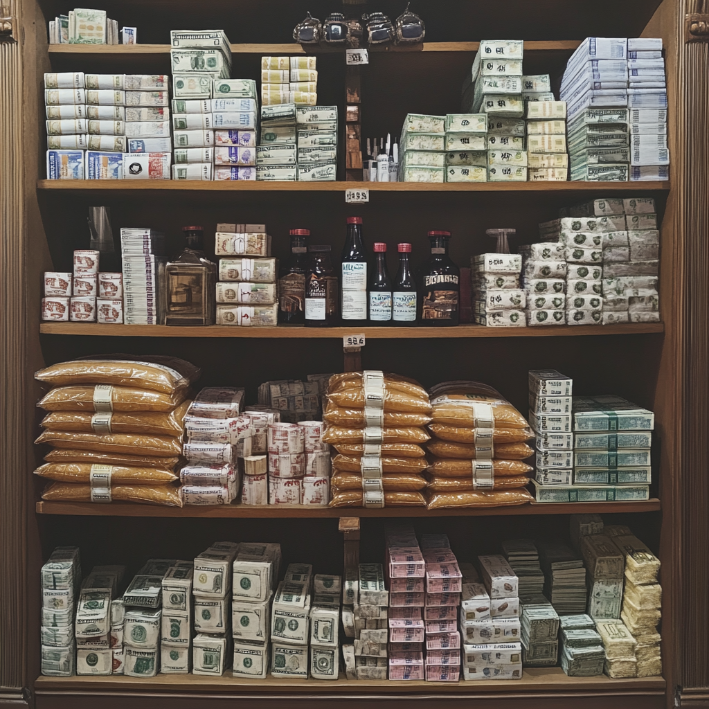 A pharmacy cabinet filled with money and medicine