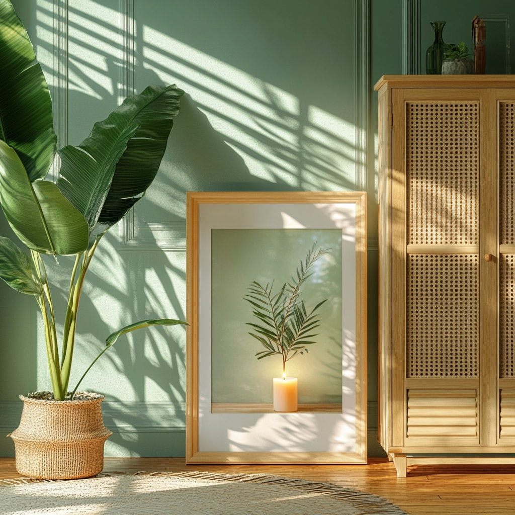 A picture frame with candle and plants inside.