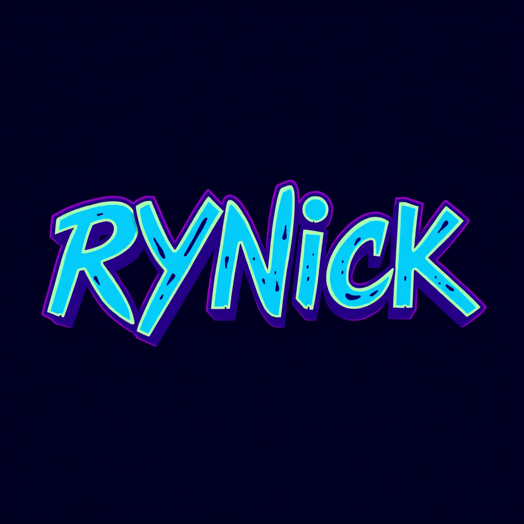 A picture of blue and purple text RYNICK.